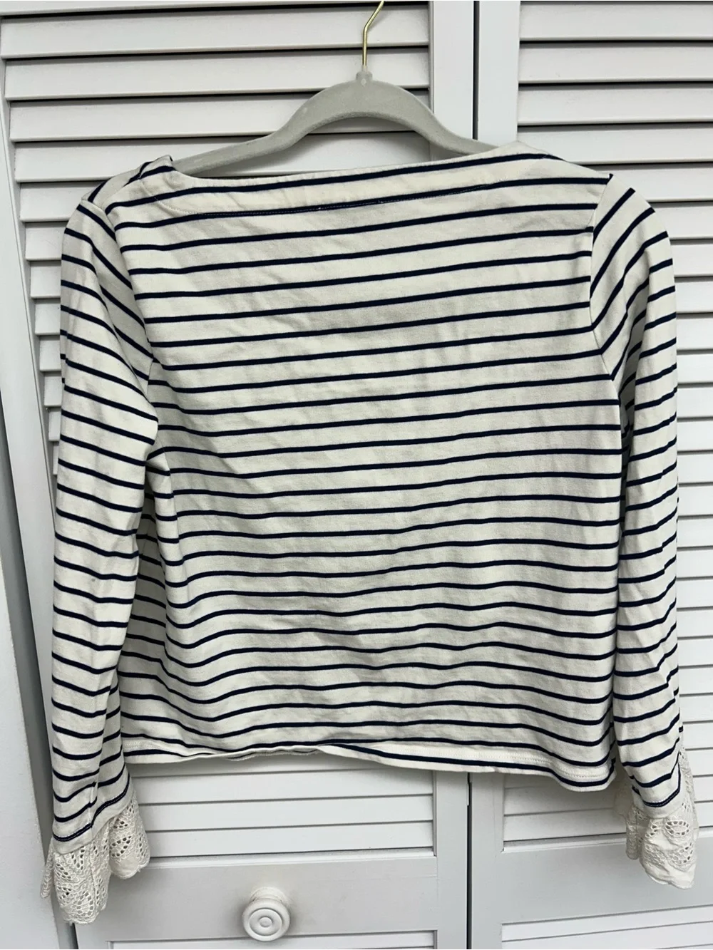 J. Crew White and Navy Striped Long-Sleeve Top with Lace Cuffs